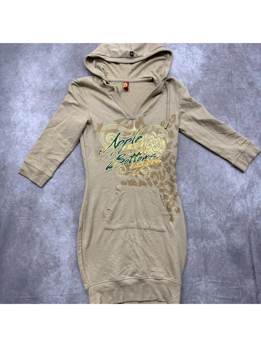 Vintage Apple Bottoms Small Beige Hooded Tunic Dress Leopard Gold Studded